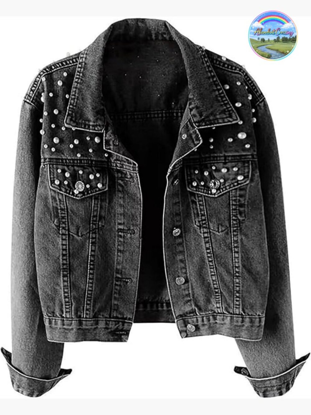 Oversized Cropped Pearl Beading Denim Jacket with Button Closure